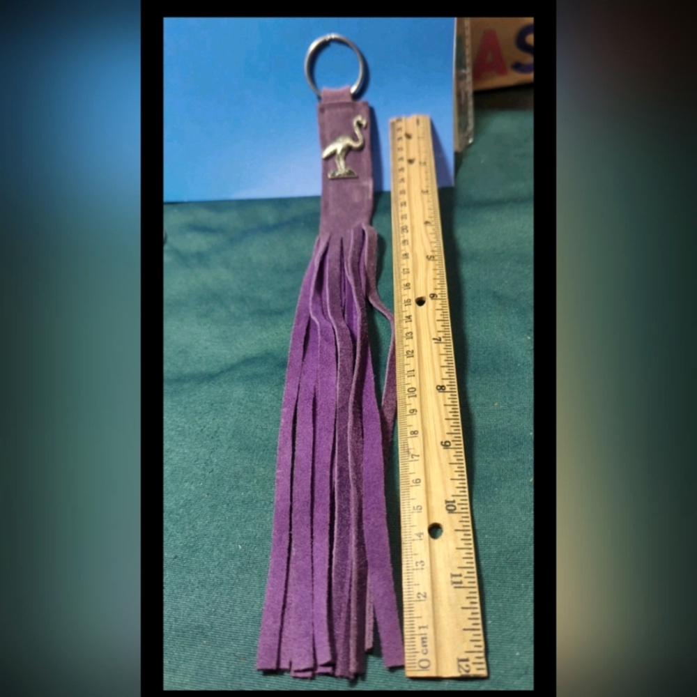 Vintage Long Purple Fringe Suede Leather Key Ring Flamingo Bird Emblem 13"